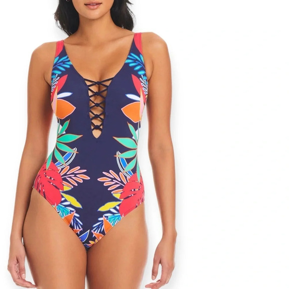 Bleu Rod Beattie multicolor one piece swimsuit COLOR FIELD LACE DOWN ONE-PIECE 8 - Picture 3 of 8